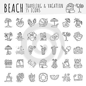 Summer tropical beach icon collection. Hand draw icons about travel to tropic beach and have vacation. Summer and beach