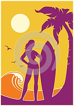 Summer tropical beach island. Vector summer landscape poster background with palms and surfer woman and surfboard