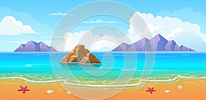 Summer tropical beach with mountains and islands. Seaside landscape, nature vacation, ocean or sea seashore.Vector cartoon