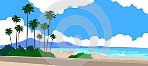 summer tropical beach seascape sand ocean sea shore palm trees mountain vector
