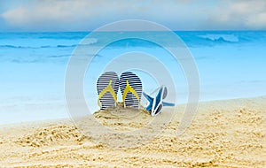 The Summer Tropical beach with starfish and flip flop-sunglasses as  sand beach scene and blue sky  background