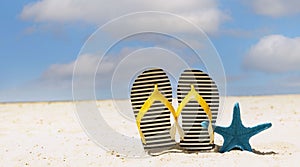 The Summer Tropical beach with starfish and sandals as white sand beach scene