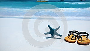 The Summer Tropical beach with starfish and sandals as white sand beach scene background