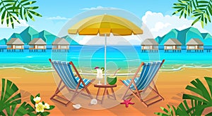 Summer tropical beach with sun loungers, table with cocktails, umbrella, mountains and islands. Seaside landscape, nature