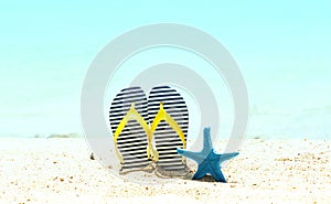 The Summer Tropical beach  trend with starfish and flip flop  as white sand beach scene and blue sky  background-copy space