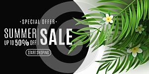 Summer tropical big sale. Exotic palm leaf with plumeria flowers. Special offer. Online shopping. Seasonal banner for your