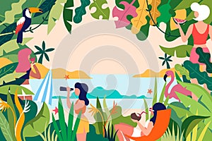 Summer tropical cartoon landscape. People in the jungle. Nature. Beautiful girls among the foliage on vacation.