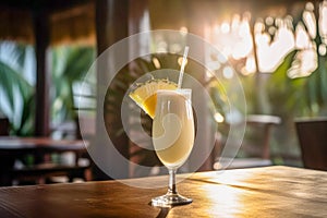 Glass of summer tropical cocktail and pineapple on wooden table in a bar with ocean view on background