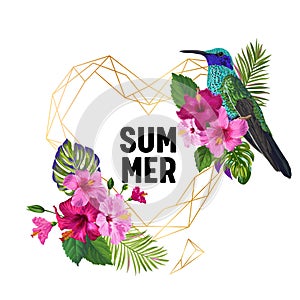 Summer Tropical Design with Hummingbird and Exotic Flowers. Floral Background with Golden Frame, Tropic Bird, HibisÑus