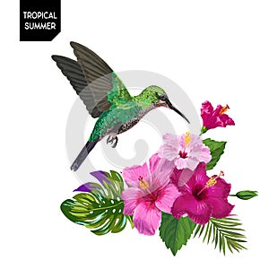 Summer Tropical Design with Hummingbird and Exotic Flowers. Floral Background with Tropic Bird, HibisÑus and Palm Leaves