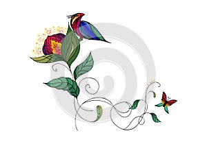 Summer tropical flat flower. Colorful abstract tropical bird sitting on a flower. Flatline icon. Colorful butterfly in abstract