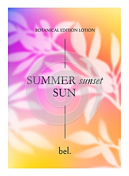 Summer Tropical Gradient. Vector Poster with Holographic Background. Neon Colored Bg with Tree Leaves. Summer Holiday