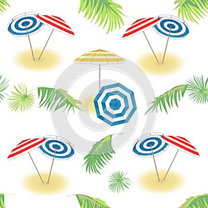 Summer tropical holiday. Seamless vector pattern with tropical leaves, palms, umbrellas. On white background.