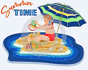 Summer tropical island card with cute little girl on the beach , vector