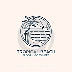 Summer tropical island outline logo design,ocean line art logo vector illustration