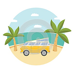 Summer tropical landscape with sandy the palm beach trees and the tourist camper van.