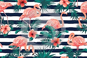 Summer tropical palm leaves with exotic flamingo and hibiscus flowers. Vector templates. Design element for card, poster, banner,