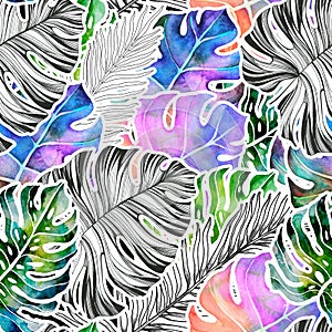 Summer tropical pattern of monstera leaves. Watercolor drawing.