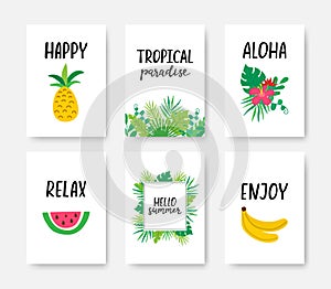 Summer tropical poster A4 set with hand drawn lettering. Summer vacation banner. Creative tropical design for web or