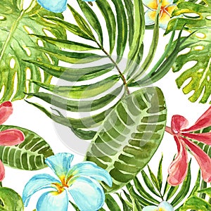 Summer tropical print. Watercolor seamless pattern with exotic plants, flowers and leaves. Green palm leaf, plumeria on white
