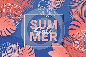 Summer Tropical Sale Banner with coral colors -Vector