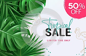 Summer tropical sale vector banner. Summer sale limited time offer text with fresh green leaves