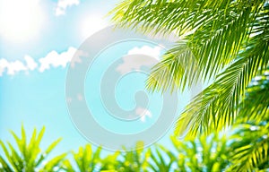 Summer tropical sea, palm leaves and blue sky with clouds. Green fresh leaf and water. Perfect vacation landscape with copy space