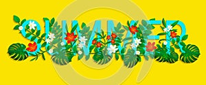 Summer tropical text. trendy tropic background. Exotic template leaves, flowers. Colored floral wallpaper with jungle