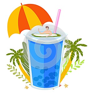 Summer tropical vacation, beach bar concept of sea holidays isolated on white flat vector illustration with cocktail