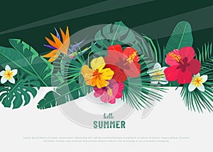 Summer tropical vector background. Flat lay geometric tropic design with exotic hibiscus flower and palm leaves. Spring