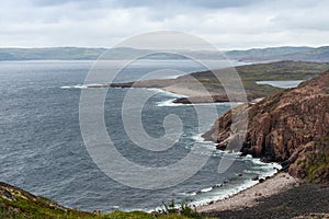 Summer tundra. Rocky coastline of Barents Sea near Teriberka. Scenery of Russian North. Kola Peninsula, Murmansk Oblast