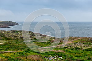 Summer tundra. Rocky coastline of Barents Sea near Teriberka. Scenery of Russian North. Kola Peninsula, Murmansk Oblast