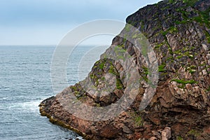 Summer tundra. Rocky coastline of Barents Sea near Teriberka. Scenery of Russian North. Kola Peninsula, Murmansk Oblast