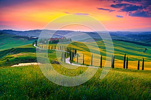 Summer Tuscany landscape at sunset with curved rural road, Italy