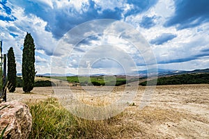 Summer in tuscany, panorama of fields landscape in italy