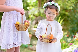 Summer. Two little girls in white dress holds a basket with fresh fruit in garden. Shavuot. Harvest. Autumn.