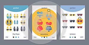 Summer vacation accessories, fashion clothes store mobile application concept, vector illustration. Online shopping for