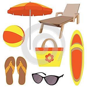 Summer vacation accessories in flat style, set. Chaise longue, slippers, sun glasses, sun umbrella, inflatable ball, beach bag, su
