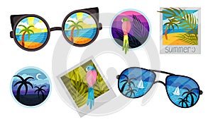 Summer Vacation Attributes with Sunglasses and Photographs Vector Set