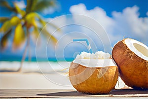 Summer vacation background with coconut cocktail and tropical beach in the background