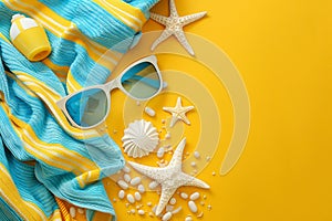 Summer vacation background concepts, Beach accessories hats, starfish, sunglasses, seashells, etc