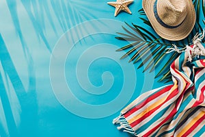 Summer vacation background concepts, Beach accessories hats, starfish, sunglasses, seashells, etc
