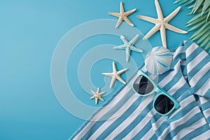 Summer vacation background concepts, Beach accessories hats, starfish, sunglasses, seashells, etc