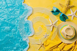 Summer vacation background concepts, Beach accessories hats, starfish, sunglasses, seashells, etc