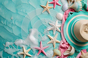 Summer vacation background concepts, Beach accessories hats, starfish, sunglasses, seashells, etc