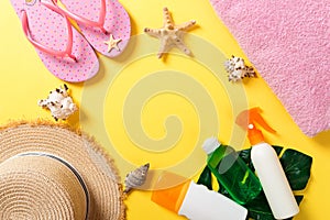 Summer vacation background with copy space. Flat lay photo on color table, travel concept. Free space for text, mock-up