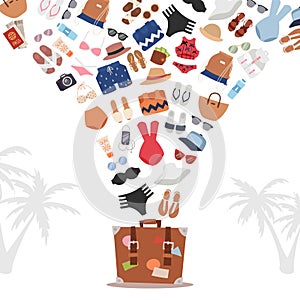 Summer vacation bag packing, vector illustration. Seaside leisure clothes and accessories in flat style, swimsuit