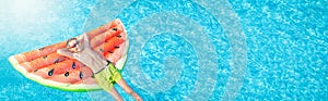 Summer vacation banner of happy nine years old boy kid, child in red sunglasses on inflatable air mattress.
