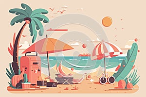 Summer vacation banner. Tropical beach with precious objects, bags, umbrellas. Horizontal flat vector illustration