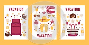 Summer vacation banners, vector illustration. Travel agency flyer, isolated flat style icons of vacation accessories